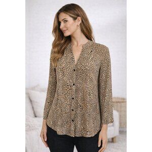 Chicos Leopard Print Blouse Sz 1 (M) LS Button Front Lightweight Sheer